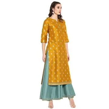 Janasya Indian Women's Mustard Embellished Maxi Ethnic Dress for Women