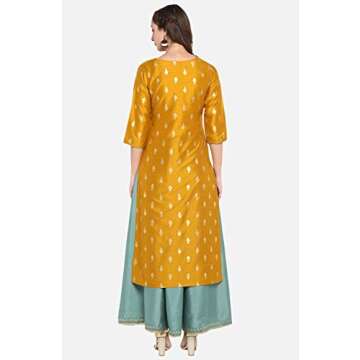 Janasya Indian Women's Mustard Embellished Maxi Ethnic Dress for Women