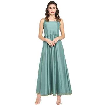 Janasya Indian Women's Mustard Embellished Maxi Ethnic Dress for Women