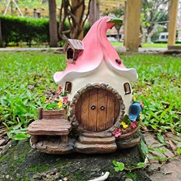 Premium Mushroom Decor, Fairy Garden House Statue for Garden Decor, Outdoor Fairy House Figurine with Solar Lights, Polyresin Garden Figurines for Outdoor, Patio, Lawn, Yard Decor and Decoration