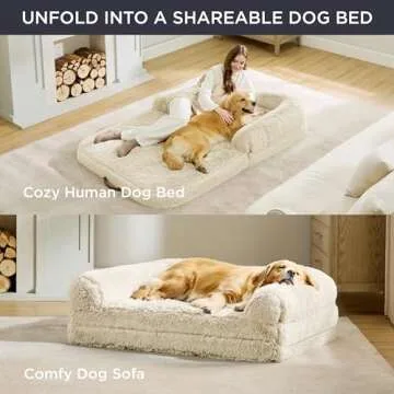 Bedsure Foldable Human Dog Bed for People Adults, 2 in 1 Calming Human Size Giant Dog Bed Fits Pet Families with Egg Foam Supportive Mat and Waterproof Liner, Faux Fur Orthopedic Dog Sofa, Cream