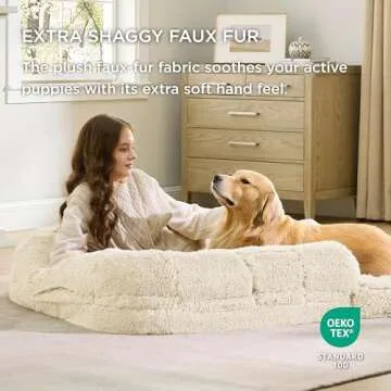 Bedsure Foldable Human Dog Bed for People Adults, 2 in 1 Calming Human Size Giant Dog Bed Fits Pet Families with Egg Foam Supportive Mat and Waterproof Liner, Faux Fur Orthopedic Dog Sofa, Cream