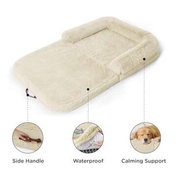 Bedsure Foldable Human Dog Bed for People Adults, 2 in 1 Calming Human Size Giant Dog Bed Fits Pet Families with Egg Foam Supportive Mat and Waterproof Liner, Faux Fur Orthopedic Dog Sofa, Cream