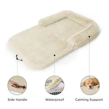 Bedsure Foldable Human Dog Bed for People Adults, 2 in 1 Calming Human Size Giant Dog Bed Fits Pet Families with Egg Foam Supportive Mat and Waterproof Liner, Faux Fur Orthopedic Dog Sofa, Cream