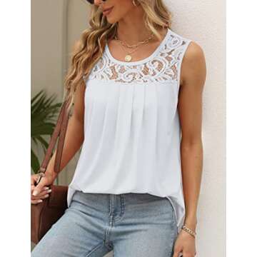 Saloogoe Sleeveless Tops for Women Scoop Neck Flowy Lace Tank Tops Loose Fit White S
