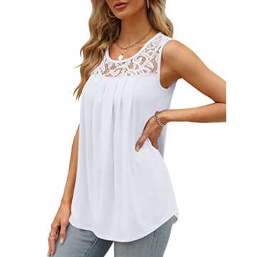 Saloogoe Sleeveless Tops for Women Scoop Neck Flowy Lace Tank Tops Loose Fit White S