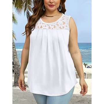 Saloogoe Sleeveless Tops for Women Scoop Neck Flowy Lace Tank Tops Loose Fit White S