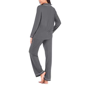 Womens Pajamas Set Two-piece Classic knit Sleepwear Sets Button Down Nightwear Gray XL