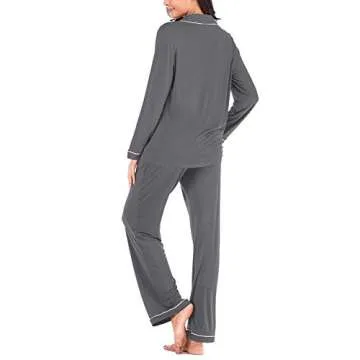 Womens Pajamas Set Two-piece Classic knit Sleepwear Sets Button Down Nightwear Gray XL