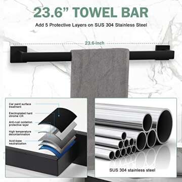 VELIMAX Premium Stainless Steel 4 Pieces Bathroom Hardware Accessories Set Wall Mounted Towel Bar Set, Matte Black, 23.6-Inch