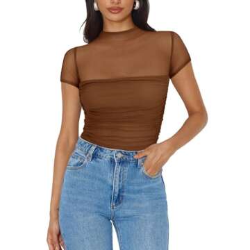 REORIA Sexy Bodysuits for Women Classic Mock Turtle Neck Short Sleeve Slim Fit Shirts Sheer Mesh Ruched Trendy Going Out Tops Cute Office Bodysuits Valentines Day Shirts Women Coffee Medium