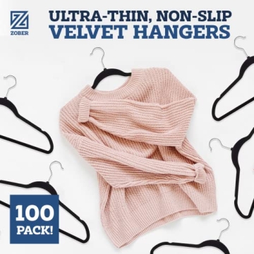 Zober Velvet Hangers 100 Pack - Non Slip Space Saving Hangers