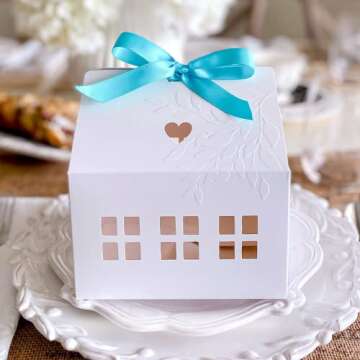 Karentology 20 Pcs Classic House Shaped Gift Boxes with Bright Ribbons for Treats, Desserts, Fancy Cookie, White Gable Bakery Packaging