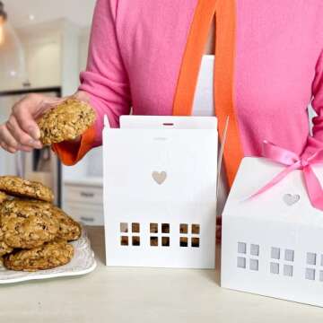 Karentology 20 Pcs Classic House Shaped Gift Boxes with Bright Ribbons for Treats, Desserts, Fancy Cookie, White Gable Bakery Packaging