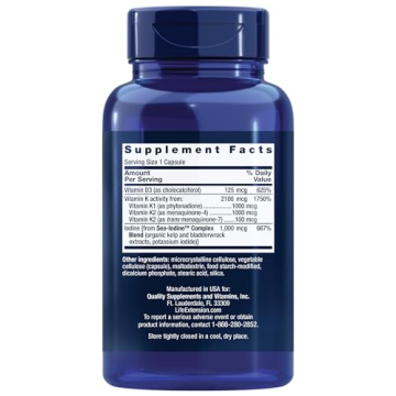 Life Extension Vitamins D and K with Sea-Iodine, vitamin D3, vitamin K1 and K2, iodine, supports immune, bone, arterial and thyroid health, non-GMO, gluten-free, 60 capsules