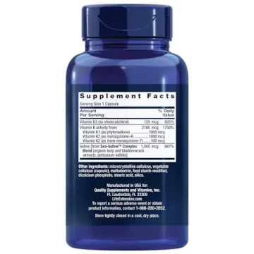 Life Extension Vitamins D and K with Sea-Iodine, vitamin D3, vitamin K1 and K2, iodine, supports immune, bone, arterial and thyroid health, non-GMO, gluten-free, 60 capsules