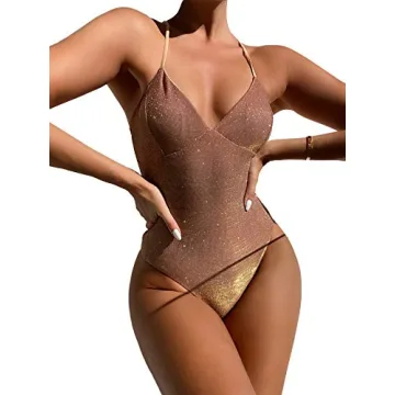 YAUASOPA One Piece Swimsuit Women Shiny Swimwear Sexy Belt Monokini Bikini Bathing Suit Beachwear (S...