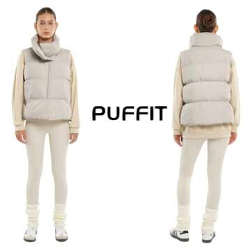 PUFFIT Women's Puffer Vest, Sleeveless Bubble Vests Outerwear with Trendy Hidden Diagonal Zipper, Stand Collar, Side Pockets, Ultra Soft Versatile Padded Puffy Gilet