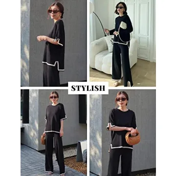 Faleave Womens Knit 2 Piece Sweater Sets Short Sleeve Pullover Tops Elastic Waist Wide Leg Pants Lounge Set(Black-L)