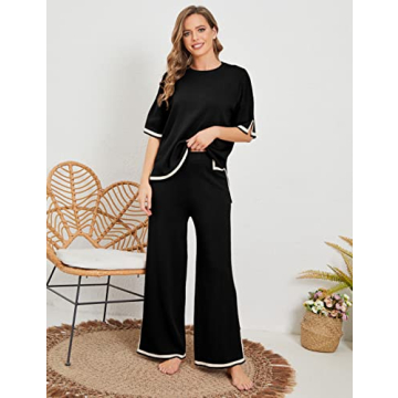 Faleave Womens Knit 2 Piece Sweater Sets Short Sleeve Pullover Tops Elastic Waist Wide Leg Pants Lounge Set(Black-L)