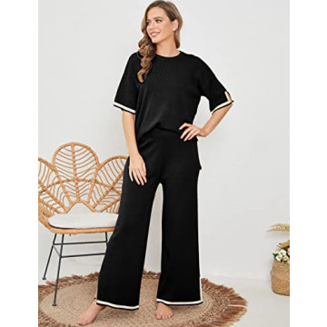 Faleave Womens Knit 2 Piece Sweater Sets Short Sleeve Pullover Tops Elastic Waist Wide Leg Pants Lounge Set(Black-L)