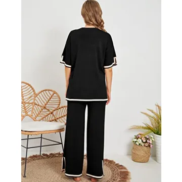 Faleave Womens Knit 2 Piece Sweater Sets Short Sleeve Pullover Tops Elastic Waist Wide Leg Pants Lounge Set(Black-L)