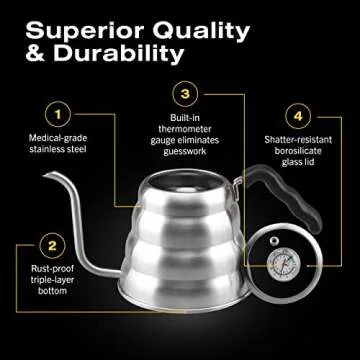 Bean Envy Pour Over Coffee Kettle - 40 oz, Stainless Steel, Gooseneck Coffee and Tea Kettle with Thermometer and Ergonomic Handle