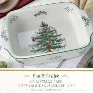 Spode Christmas Tree Rectangular Handled Dish (9" x 12") Baking & Seasonal Platters - Earthenware, M...