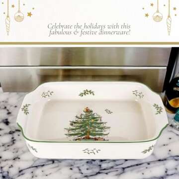 Spode Christmas Tree Rectangular Handled Dish (9" x 12") Baking & Seasonal Platters - Earthenware, Microwave & Dishwasher Safe - Festive Tableware for Holiday Entertaining & Christmas Dining
