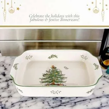 Spode Christmas Tree Rectangular Handled Dish (9" x 12") Baking & Seasonal Platters - Earthenware, Microwave & Dishwasher Safe - Festive Tableware for Holiday Entertaining & Christmas Dining