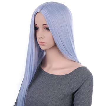 Onedor 31 Inch Silver Blue Straight Long Synthetic Hair Women Full Head Wig with Cap