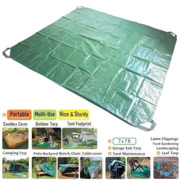 7x7 Ft Waterproof Tarp Yard Garden Leaf Tarp W/ 4 Handles for Sandbox Cover,Outdoor Tarp,Leaf Hauler,Lawn Debris Tarp,Landscape Pruning Tarp,Tent Footprint,Camping Tarp,Patio Fire Pit Cover,Table Tarp