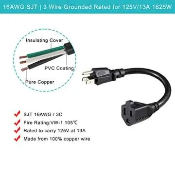 Short Power Extension Cord 6inch - Black 3 Prong Mini Indoor Grounded Extension Cord,16AWG Small Electrical AC Household Extension Cord for Outlet Saver,Rated for 13AMP Home Appliance Extender Lead