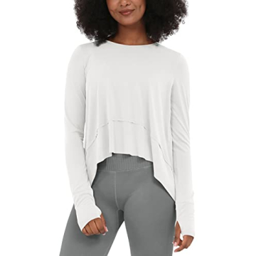 ODODOS Long Sleeve Tee for Women with Thumb Hole Athletic Gym Workout Crop Tops Yoga Shirts, White, ...