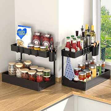 LEITAO 2 Tier Under Sink Organizers - Adjustable Storage Solutions with Hooks