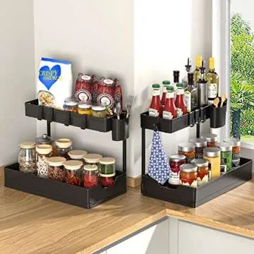 LEITAO 2 Tier Under Sink Organizers - Adjustable Storage Solutions with Hooks