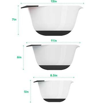 Vremi 3 Piece Plastic Mixing Bowl Set - Nesting Mixing Bowls with Rubber Grip Handles Easy Pour Spout and Non Slip Bottom - Three Sizes Small Large Capacity for Kitchen Baking Salad - White and Black
