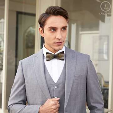 Lanzonia Elegant Handmade Feather Bow Tie for Men