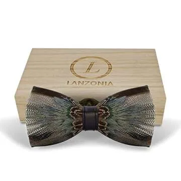 Lanzonia Elegant Handmade Feather Bow Tie for Men
