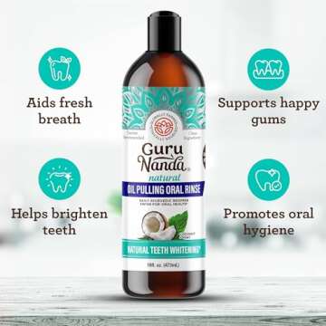 GuruNanda Coconut Oil Pulling, Fresh Breath & Whitening Mouthwash, 7 Essential Oils & Vitamins for Happy Teeth & Gums, Alcohol-Free, 16 oz