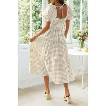 ZESICA Women's 2025 Bohemian Summer Plaid Square Neck Puff Sleeve Ruffle Flowy Beach Midi Dress,Beige,XX-Large