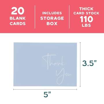 VNS Creations 20 Pack Thank You Cards With Envelopes, Stickers, 3.5x5 Inch Blank Thank You Notes - Bulk Box Set Notes for Graduation, Wedding, Small Business, Baby & Bridal Shower Card - Light Blue