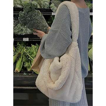 XE-048 Plush Furry Tote Bag With Real Rex Rabbit Fur For Women Shopping Bag Handbag Women’s Soft Large Shoulder Bag Big Capacity Big Fluffy Computer Bag Purse(One Size, Real Fur,White)