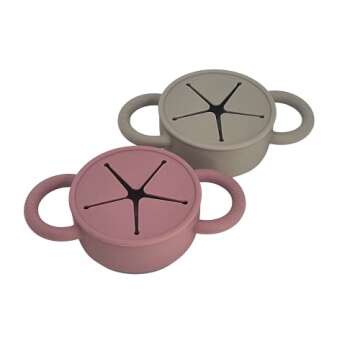 BraveJusticeKidsCo. | Snack Attack II Baby Silicone Snack Cup | 2 pack | Collapsible Toddler Snack Cup (Fog and Dusty Rose)