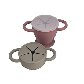 BraveJusticeKidsCo. | Snack Attack II Baby Silicone Snack Cup | 2 pack | Collapsible Toddler Snack Cup (Fog and Dusty Rose)