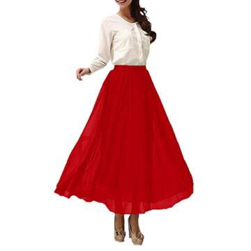 Afibi Womens Chiffon Retro Long Maxi Skirt Beach Ankle Length Skirt (Small, Red)
