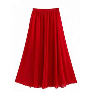 Afibi Womens Chiffon Retro Long Maxi Skirt Beach Ankle Length Skirt (Small, Red)