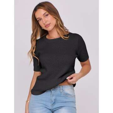ANRABESS Women's Short Sleeve Sweaters Summer Knit Tops Crewneck Casual Business Dressy Blouses 2025 Spring Outfits Black X-Large