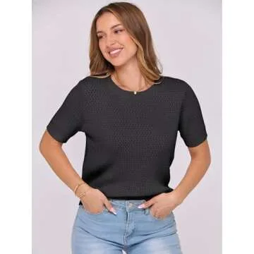 ANRABESS Women's Short Sleeve Sweaters Summer Knit Tops Crewneck Casual Business Dressy Blouses 2025 Spring Outfits Black X-Large