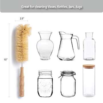 4Pcs Long Handle Bottle Cleaning Brush Set by HELLO NATURE, Sustainable & Biodegradable Natural Fibre Bamboo Handle Brushes Zero-Waste & Plastic Free